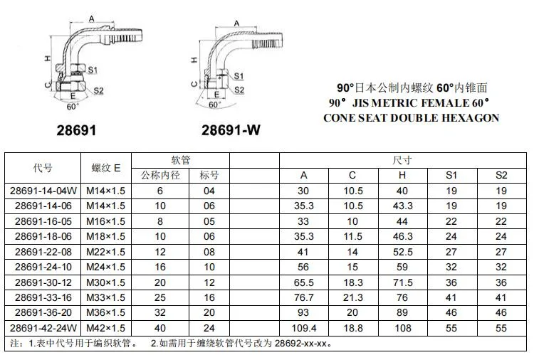 28691 90 Degree JIS Metric Female 60 Degree Cone Seat Hydraulic Hose Nipple Fitting